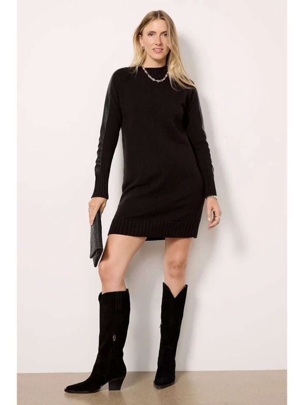 Evereve Harlow Knit Sweater Dress Black Faux Leather Sleeve Stripe Size L NEW - Picture 2 of 9